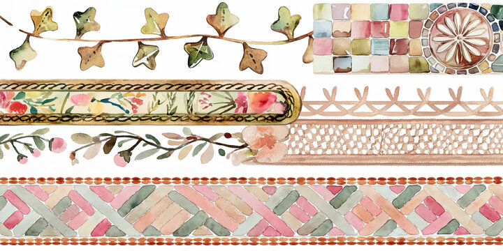 Watercolor Floral Mosaic Borders Design Elements Vintage Style Seamless Patterns Craft Decor