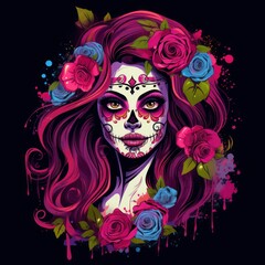 Colorful Sugar Skull Art with Floral Accents