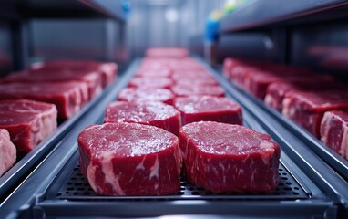 Rows of fresh, red meat steaks chill in a modern processing facility, preparing for distribution.  A glimpse into the food industry.