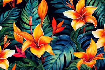 Tropical Flowers and Leaves on Dark Background