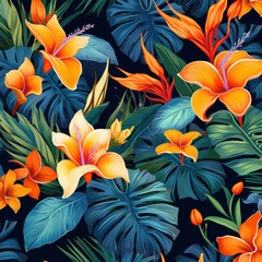Tropical Flowers and Leaves on Dark Background