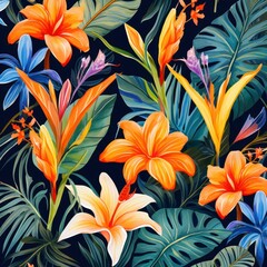 Tropical Flowers and Leaves on Dark Background