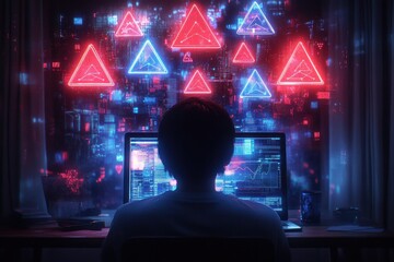person sitting at their laptop with multiple red and blue colored triangles of different sizes floating above the screen