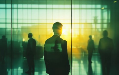 Silhouettes of business people standing in an office building
