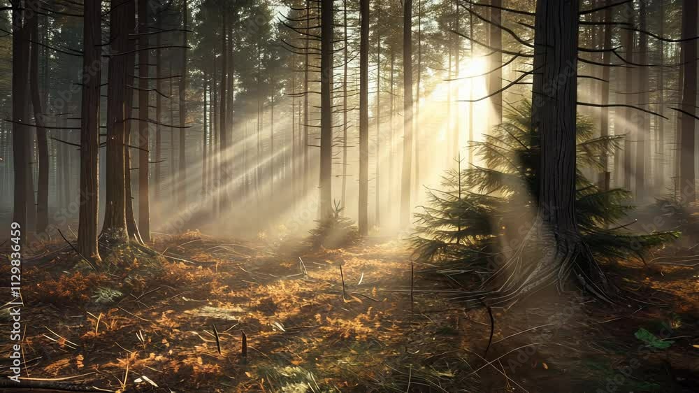 Poster sunlight streaming through dense forest with serene atmosphere, nature tranquility concept