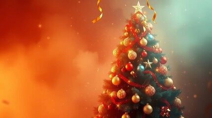Christmas tree decorated with colorful ornaments and ribbons, shining on a blurred background. Perfect for festive decoration and Christmas atmosphere
