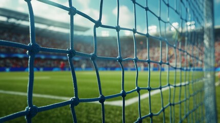 Close-up View of Soccer Goal Net with Stadium in Background