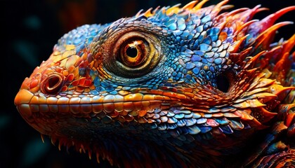 A stunning macro shot of a brightly colored lizard, showcasing intricate details of its textured scales and striking eyes. The vibrant hues and sharp focus make this image stand out.. AI Generation