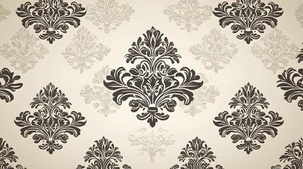 Elegant damask pattern background with repeating ornate floral design in brown and beige.