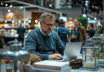 Fototapeta premium man in his late thirties, wearing glasses and holding a laptop he is working