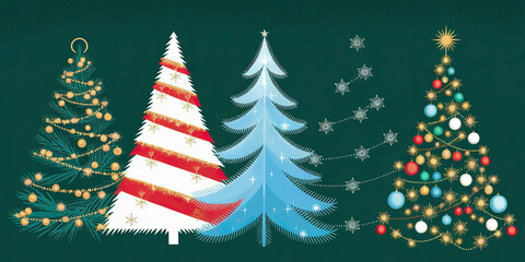 Obraz premium Festive Christmas Trees Winter Holiday Design Decorated Fir Trees Green Background