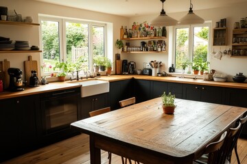 Fototapeta premium Modern Farmhouse Kitchen With Rustic Wooden Table