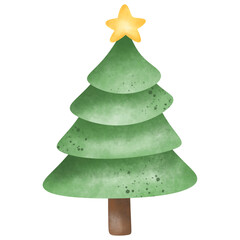 Watercolor Christmas tree , Christmas tree with festive star decoration on top