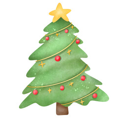 Watercolor Christmas tree , Christmas tree with festive star decoration on top 