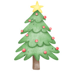Watercolor Christmas tree , Christmas tree with festive star decoration on top 