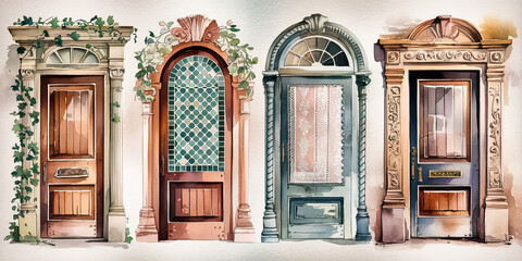 Elegant Watercolor Paintings of Ornate Vintage Doors and Entryways