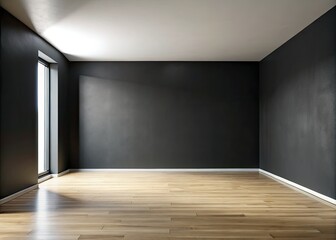 Fototapeta premium Sleek black wall, minimalist empty room; perfect Zoom backdrop for professional virtual meetings.