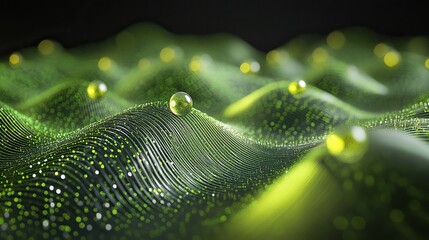 Abstract Green Landscape with Luminescent Droplets and Wave-like Patterns