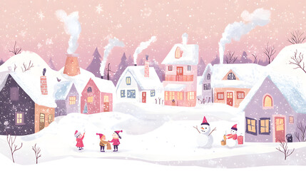 Quaint Snowy Village Scene in Cozy Winter Atmosphere