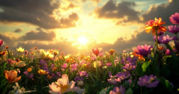 Capture the essence of the spring equinox in a vibrant scene, featuring blooming flowers in a kaleidoscope of colors, lush green grass, and a bright sun shining through fluffy clouds