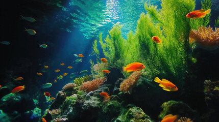 Obraz premium Beautiful Underwater Scenery with Various Types of Fish, Coral Reefs, and Green Plants