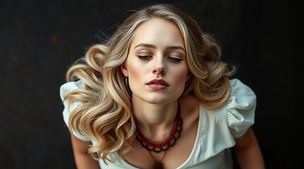 Naklejka premium Introspective glow A young woman in a peaceful moment of reflection, bathed in warm, soft lighting, her face radiating calmness and vulnerability against a dark, moody backdrop