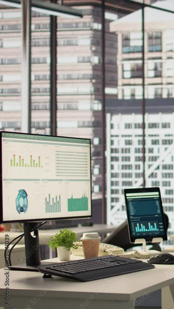 Poster vertical video empty modern workspace with advanced technology to enhance efficiency and productivit