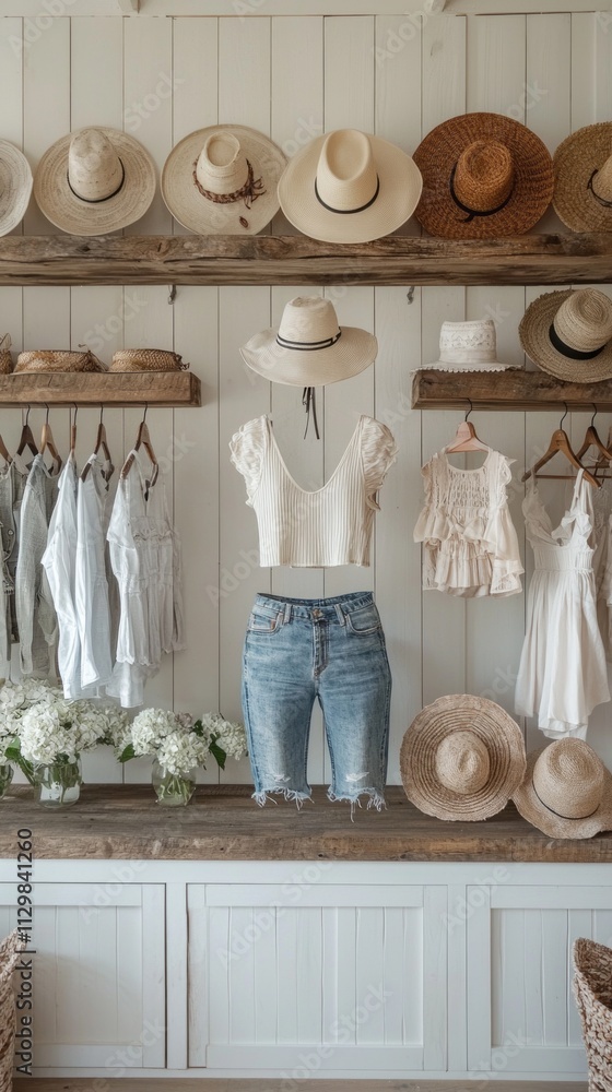 Poster in a charming boutique, a bohemian display captivates with distressed jeans and light blouses arrang