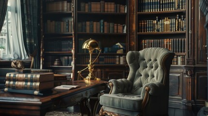 A traditional home library with dark wooden shelves, a high-backed armchair