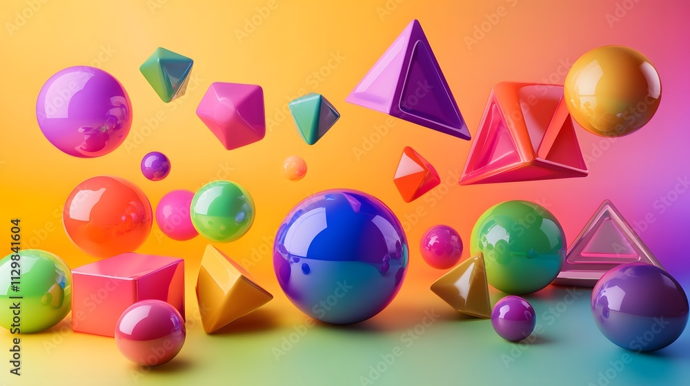 Poster colorful geometric shapes float on a gradient background