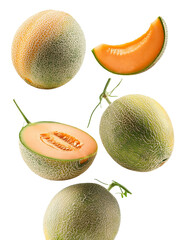 More falling cantaloupe and honeydew on white highlighting refreshing melons