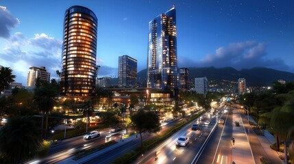 Fototapeta premium Night View of Modern Cityscape with Illuminated Skyscrapers and Busy Road at Dusk