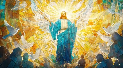 A majestic image of Jesus in stained glass art, depicted in vibrant hues of blue and gold, surrounded by radiant doves and worshippers © otter2