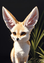 Fennec fox with massive ears in cartoonish proportions with plant behind him