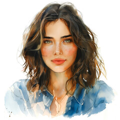 watercolor art of Portrait of a young woman isolated on transparent background
