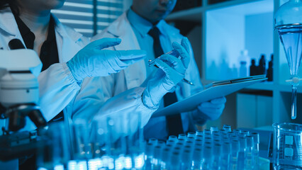 lab, team of medical research scientists work on a new generation disease cure, they use scientific...
