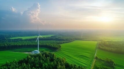 Aerial View of Wind Turbines in Lush Green Landscape at Sunset