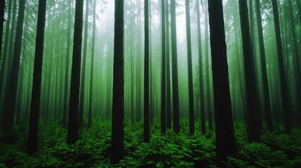 A serene misty forest showcasing tall trees and lush green foliage.