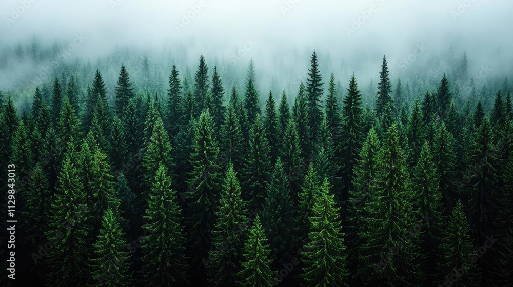 Poster a serene view of lush green pine trees shrouded in fog, creating a calming atmosphere.