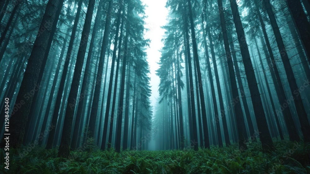 Poster mysterious misty forest with tall trees creating a tranquil atmosphere.