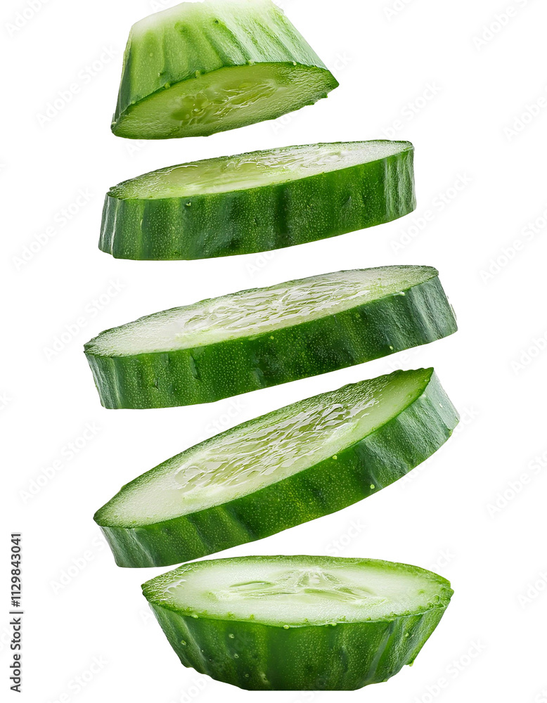 Wall mural falling chopped cucumber isolated on white background with full depth of field with vibrant green cr