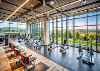 Spacious gym, high ceilings, bathed in natural light, showcasing premium equipment and ample workout space.