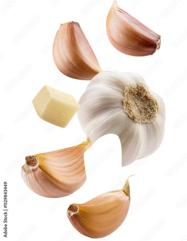 Wall mural falling chopped garlic isolated on white background with full depth of field with aromatic and savor