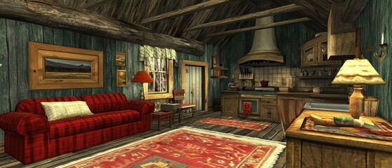 Obraz premium Rustic Cabin Interior Cozy Living Space Design