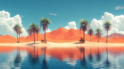 Palm Trees Frame Orange Desert Mountains Beside Calm Water