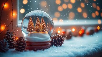 Christmas snow globe sits on snowy windowsill. Pine cones, warm string lights surround globe. Winter wonderland scene. Cozy, festive atmosphere. Perfect for holiday, winter, Christmas themes. Festive