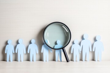 Paper figures of people stand in line. Magnifying glass focuses on one person in line. Concept of recruitment, job search. Hiring managers look for suitable candidates in pool of applicants. Finding