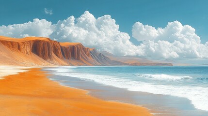 Orange Sand Beach Meets Ocean Under Dramatic Clouds