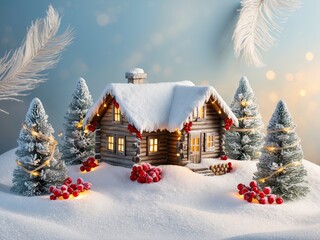 Fototapeta premium A serene winter decoration scene featuring frozen christmas house with light and decorations