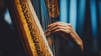 Close-up of a hand playing a harp.